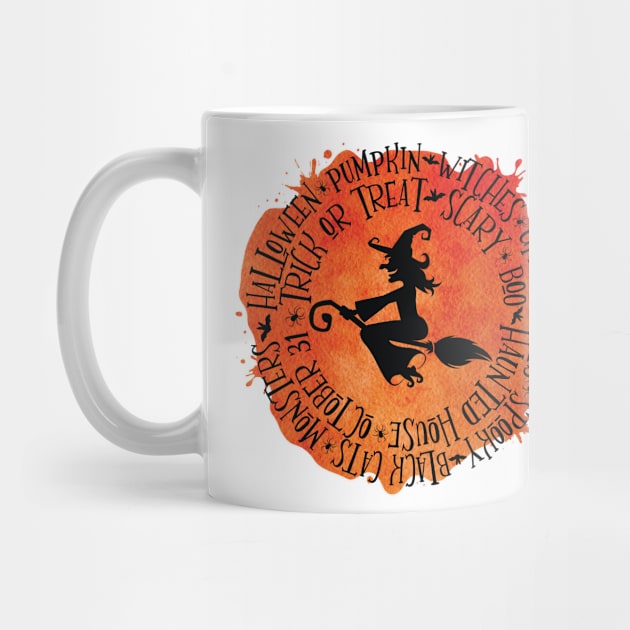 Witch on broom Halloween design by alcoshirts